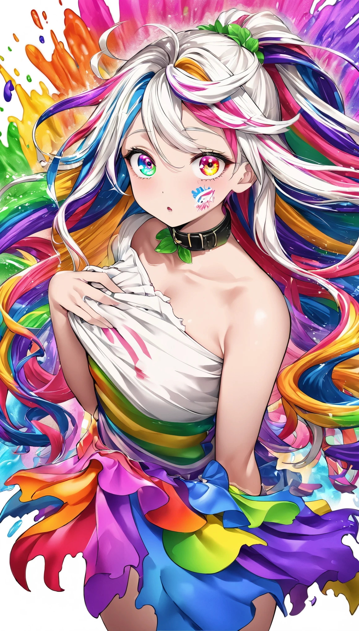 （Pink fashion T-shirt：1.9），(colorful hair: 1.8), (All colors of the rainbow: 1.8),(((((vertical drawing：1.6))), （drawing：1.6），front, comics, illustrations, drawings, big eyes, crystal clear eyes,（ Rainbow gradient high ponytail：1.7）, Exquisite makeup, Keep your mouth shut,(Little fresh: 1.5),(Wipe ?????: 1.6) ，long eyelashes, White off-shoulder T-shirt, white shoulder shirt，looking at the audience, 水汪汪的big eyes, (rainbow colored hair：1.6), 颜色飞splash, （alone：1.8）, 颜色飞splash, color explosion, thick draw style, messy lines, ((shining))，(rich and colorful), (rich and colorful), (rich and colorful), rich and colorful, Thick draw Style, (splash) (Color splash), Vertical drawing, Upper body, draw splash, acrylic paint, slope, draw, Highest image quality, best quality, masterpiece, alone, depth of field, Face draw, rich and colorful clothes, (elegant: 1.2), Gorgeous,long hair, Wind, (elegant: 1.3), (petal: 1.4)，(((masterpiece))),(((best quality))),((Super detailed)),(illustration),(Dynamic angle),((floating)),(draw),((disheveled hair)),(alone),(1 girl) , (((Detailed anima face))),((Beautiful and delicate face)),collar,???? shoulders,white hair, ((rich and colorful hair)),((striped hair)),Beautiful and delicate eyes,(slope color eyes),(((rich and colorful eyes))),(((rich and colorful background))),(((high saturation))),(((surrounded by rich and colorful splashes))),
