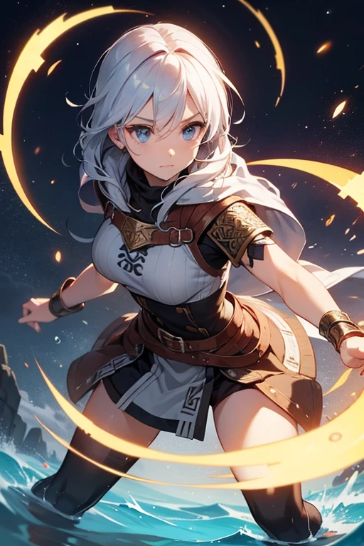 create a female character that is a viking, looks straight forward, strong, northern mythologi style. Create the character to be inside a circle shape like a coin with rune inscriptions.