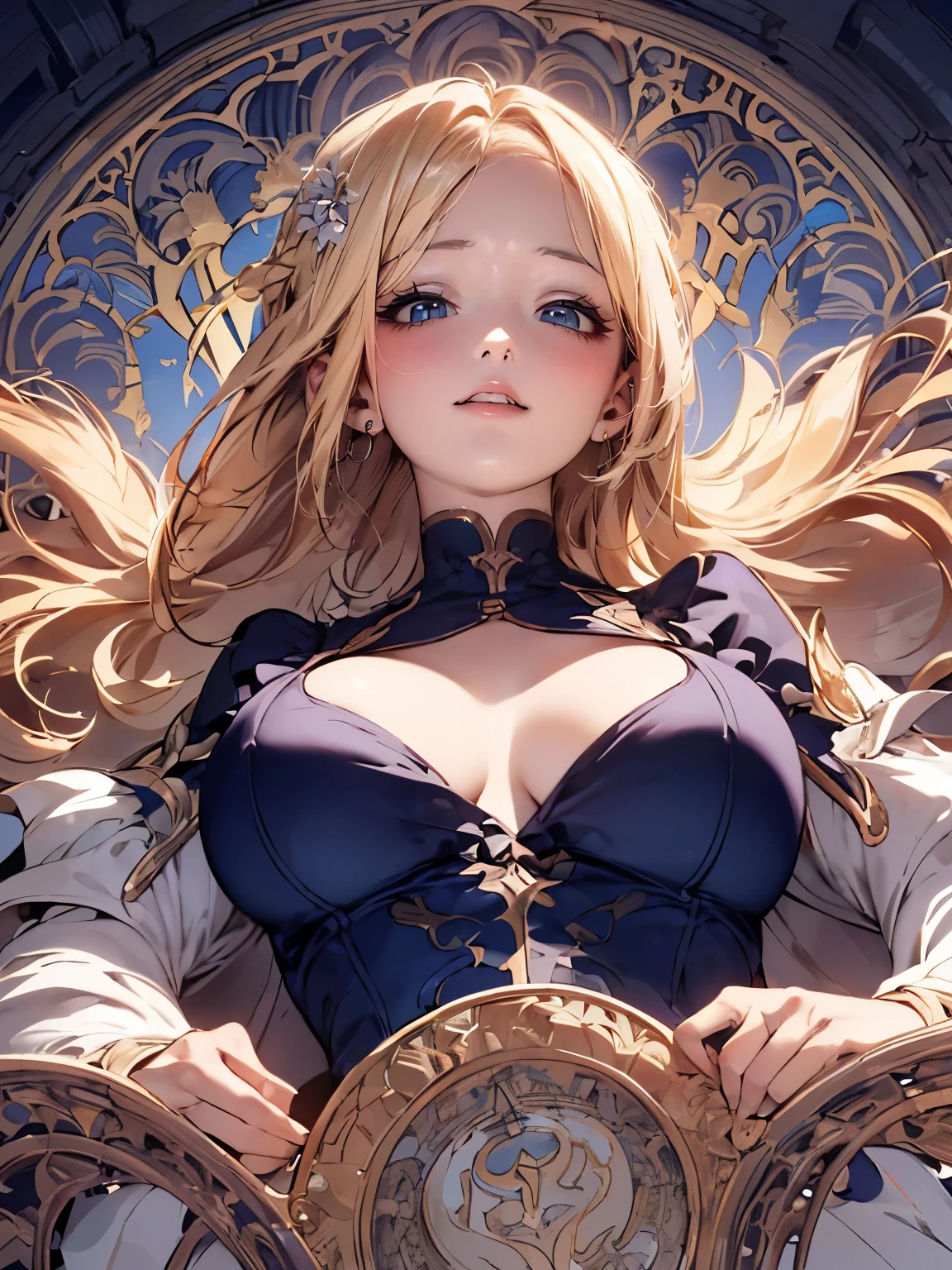 (high definition symmetrical image), angle from below, (mechanical, complex), ((Art Nouveau, round face, smiling, breasts, ecstasy)), drooping eyes, blush, blond, braid, 