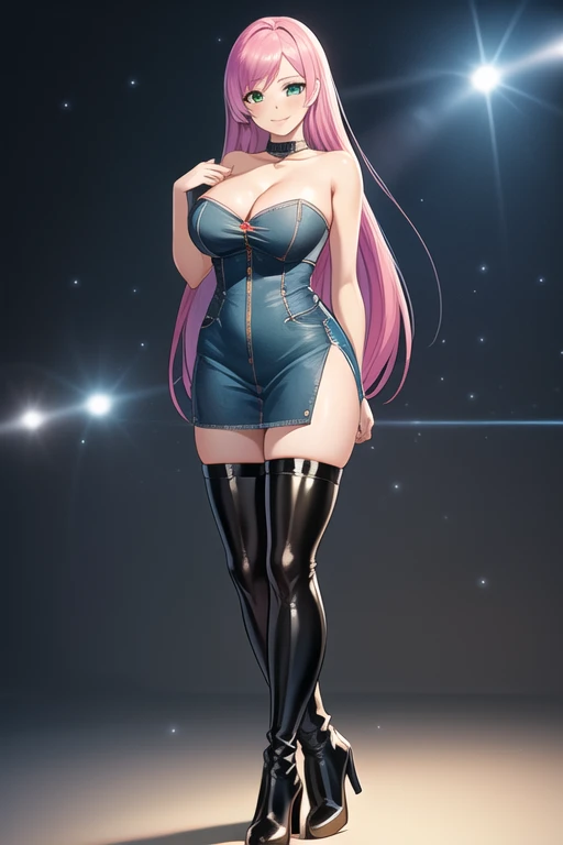 1 girl, 19 years old, Long pink hair, green eyes with slit pupils, master-piece, best quality, (standing up), (denim dress), (tight strapless denim dress, patent leather high heel boots, cleavage),  (Big , ultra gigantic , Super super big, Glamorous body), Make eye contact with the camera, front figure, looking forward, (light_Smile:1.5), (Detailed hands and fingers:1.2), (FULL BODYSHOT), thighs thighs thighs thighs、beauty legs、