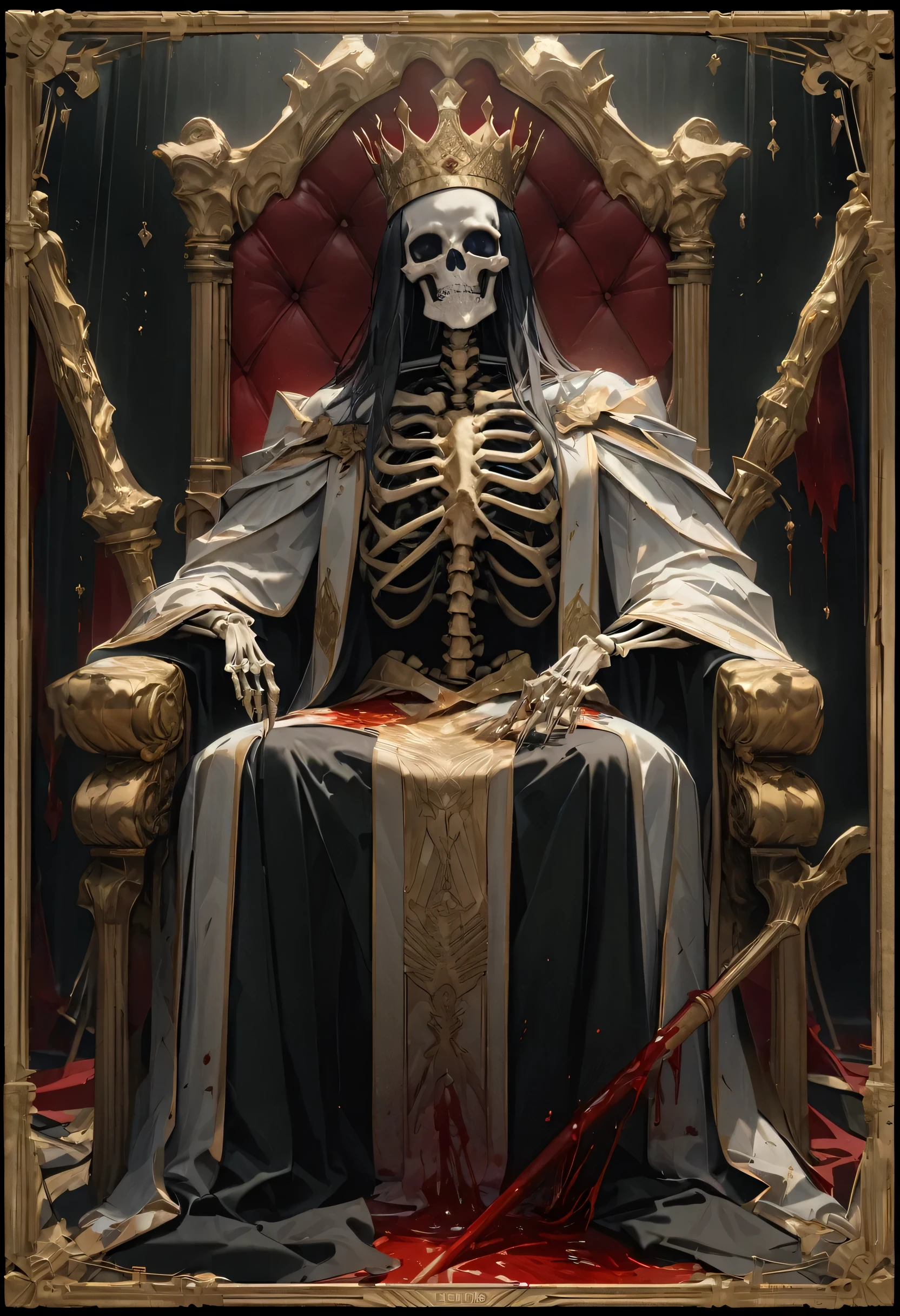 tarot cards, Gold carving border, Skeleton in imperial robes, wearing a crown, Holding a scepter representing royal power, Sitting on a throne bathed in blood, framed, border, UHD, ccurate, textured skin, super detail, anatomically correct, masterpiece, 1080P, 16k