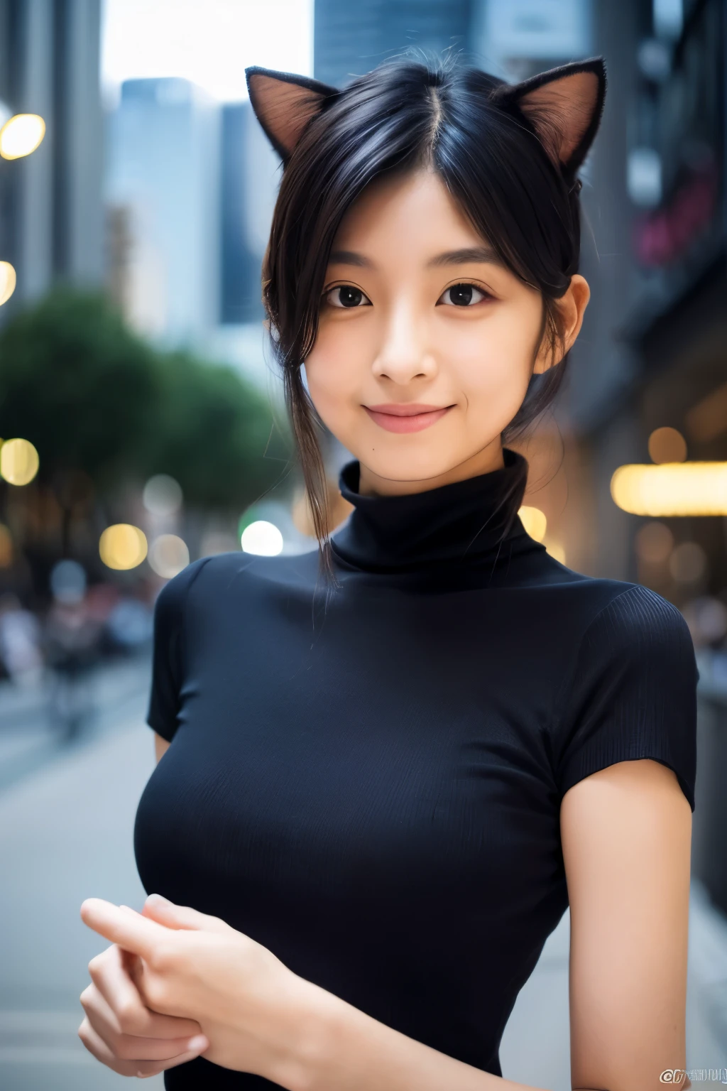 (8k, RAW photo, best quality, masterpiece:1.2), (realistic, photo-realistic:1.37), Skinny Japanese, 1girl, Cute face, (detailed face), (detailed eyes), small breasts, ((very thin waist)), looking at viewer, cityscape, professional lighting, photon mapping, radiosity, physically-based rendering, night, tight turtle neck black sweater, black leather Leggings, ((cat ears)), slight smile
