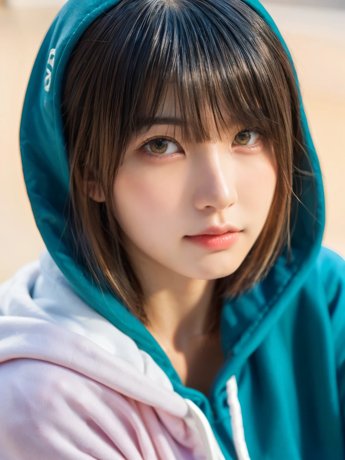1 girl, alone, alone focus, cowboy shot, portrait, oversized hoodie, aqua green and white hoodie, half aqua, half green, ((brown hair)), (yellow hair), (gradient hair :1.5), curly hair, ((pink eyes)), highly detailed eyes, tan, (dark caramel skin:1.1), highest quality, Super detailed, white background, simple background