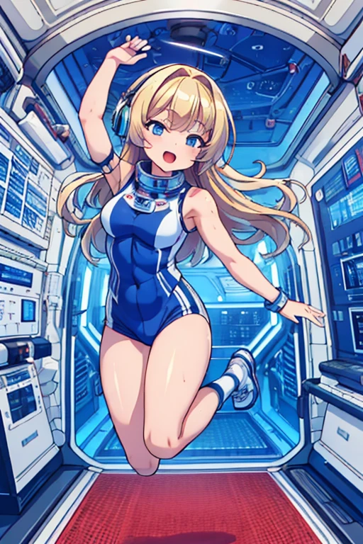 top-quality,Top image quality,in 8K,4K,masterpiece,ultra-detailliert,Beautiful,ultra-quality, best quality,high resolution, ultra-detailed,game cg,dutch angle,(acrobatic pose):5,jumping:5,(inside spacestation,)beautiful detailed eyes,five fingers,headphone,nsfw,a beauty girl,(astrovest):5,(track uniforms),wet,(steam:1.5),Running form,open open mouth,(blonde hair),(long hair):2,Navel,space_station_interior, exercise_room, futuristic, high_technology, zero_gravity_exercise_equipment, high_resolution_landscape, sleek_design, minimalistic, 8K_resolution, game_cg_style, Dutch_angle, detailed_character, track_uniform, perfect_running_form, intense_expression, detailed_eyes, determination, steam:1.5, beauty, strength, five_fingers, visible_navel, open_mouth, ultra_quality, high_resolution, ultra_detailed,astrovest
