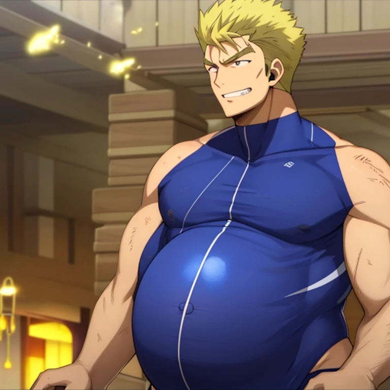 (((best quality, high resolution, masterpiece, best quality))),anime screencap, 1boy, muscular male, sweaty, masterpiece, depth of field, baseballplayer, looking at viewer, laxus_dreyar, yellow hair, chest tattoo, yellow lightning, spark, grin, dynamic pose, ((( pregnant belly))),
