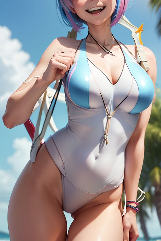 Illustration of a cute model girl, (Anime style:1.2), masutepiece, Best Quality, ultra-detailliert, 4K, absurderes, hight resolution,(((masutepiece, Best Quality)))((masutepiece:1.5)), (Best High Quality, 超A high resolution, The ultra -The high-definition, 4K:1.3),(((Perfect hands, Perfect fingers, Perfect legs))),1womanl, Looking at Viewer ,Full body shot, 20 years old, ((Light blue eyes)),((Round eyes)), Sweat, White skin, (((skinny))), Sweat,((Shiny body, Shiny skin,)), (((masutepiece, Best Quality)))((masutepiece:1.5)), (Best High Quality, 超A high resolution, The ultra -The high-definition, 4K:1.3), (((Blunt bangs:1.3))), (((Pink bob hair))), (((blue colored inner hair:1.3))),(((blue streaked hair:1.3))), ((Blue eyes)), ((White skin)),((((Shiny body, Shiny skin,)))), ((Shiny body, Shiny skin, Big breasts)),(Colossal tits:1.2),the pose , Cute girl illustration, Anime style, (High color contrast:1.2), masutepiece, Best Quality, ultra-detailliert, absurderes, hight resolution, BREAK,
1girl in,modeled. Solo, (Early 20s,  face:1.6), Dense, Huge green eyes,, shiny eyes, ((Show your teeth and smile:1.5)), long twintail, medium breasts, Curve, ((Blue butterfly hair ornament)),BREAK,
,camo (White thin lewd halter）,(Narrow crotch,bare stomach:1.4), (((White Slingshot Swimsuit:1.6))),slingshot,Dynamic Sexy Pose,very lowleg,bobhair, (zettai_ryouiki),(high leg shorts),BREAK,
plein air, Sunset beach, Horizon, Beautiful sunset sky, Back Light, stop motion, BREAK,
(From below), (Chest close-up:1.4), Twin-tailed, BREAK,