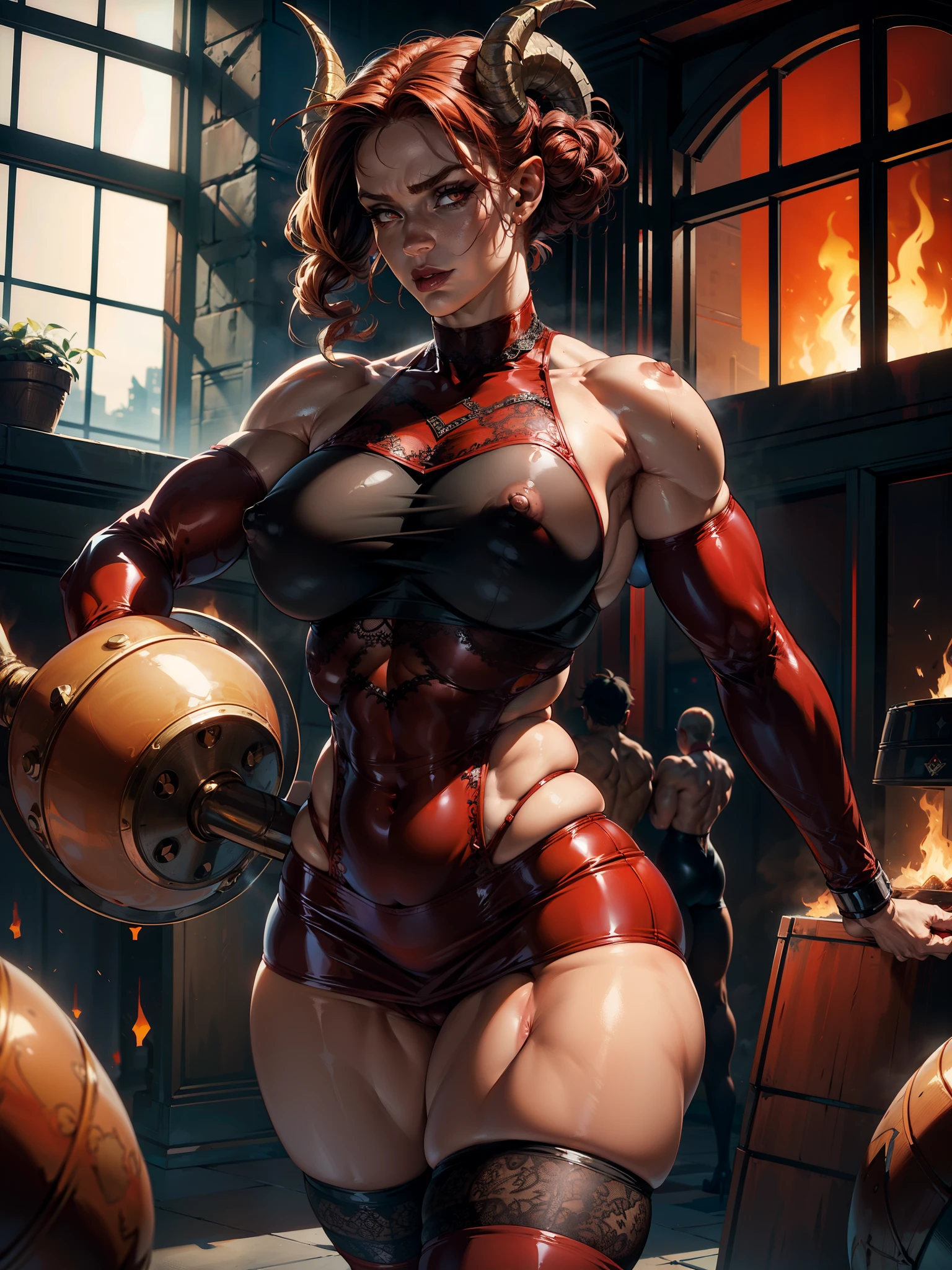 demon girl, big red ram horns, (Ideal Anatomy), (athletic body), (Muscles), (big naked breasts, erect nipples), (thick thighs), (perfect hands), (Diamond latex suit ), (lace mini skirt), pubic hair, pointed bracelets, I look at the viewer, (Medium full-frame photography), (Battle Arena), (fire hair)