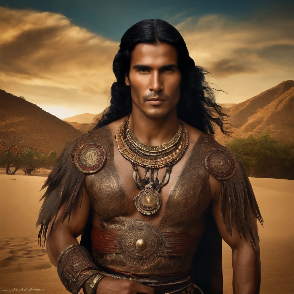 Colombia, year 300 AD, vintage metal embossing in the male native south american style of the time, handsome Cacique Maitamá, 33-year-old man. long, straight black hair down her back. Full-length-type image