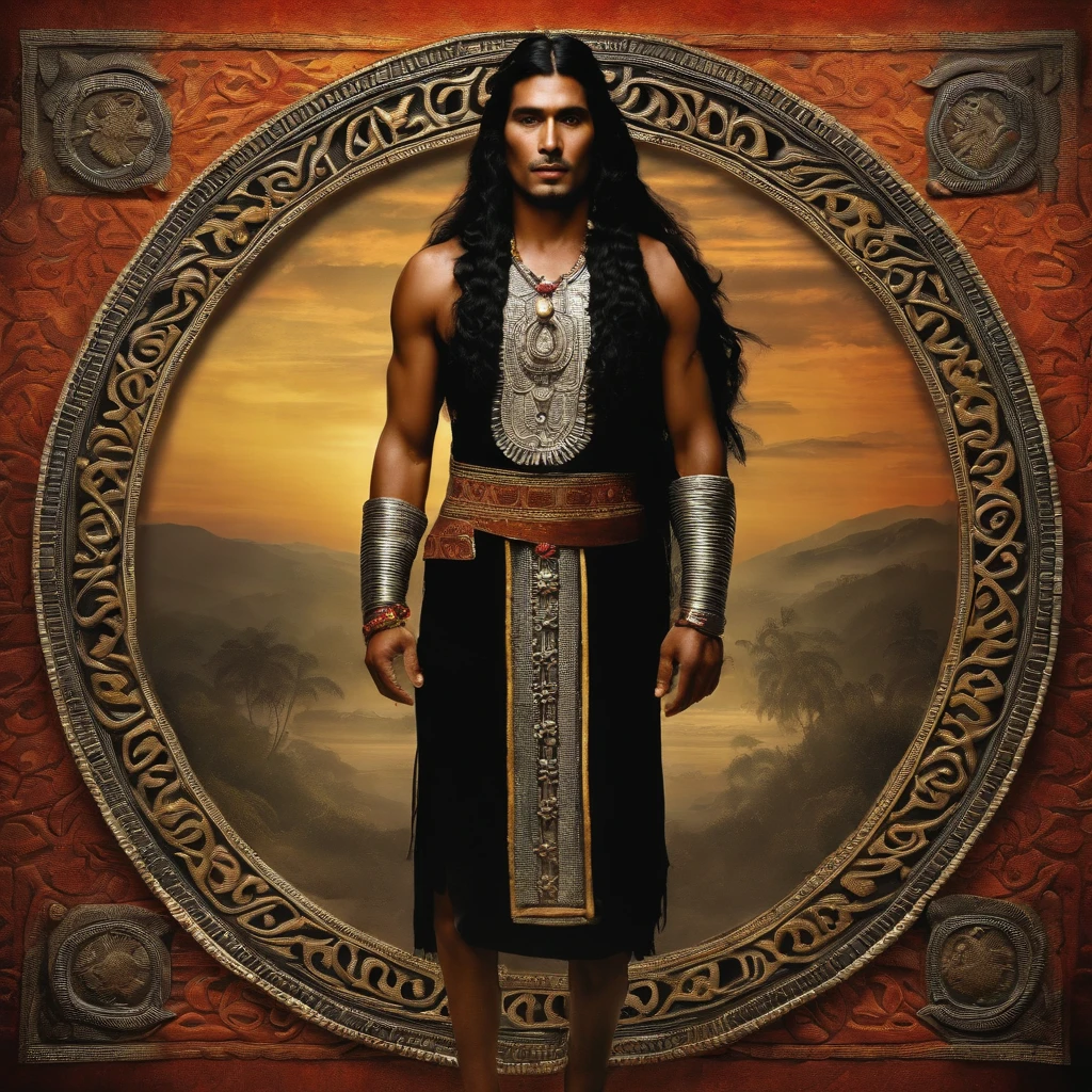Colombia, year 300 AD, vintage metal embossing in the male native south american style of the time, handsome Cacique Maitamá, 33-year-old man. long, straight black hair down her back. Full-length-type image