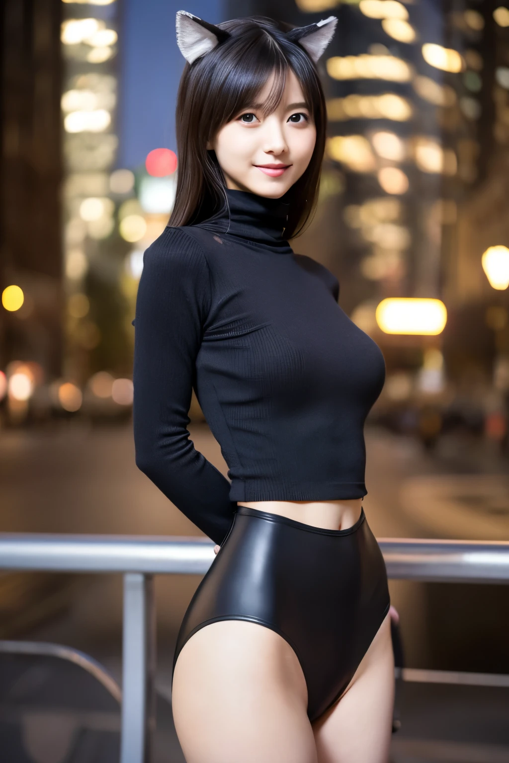 (8k, RAW photo, best quality, masterpiece:1.2), (realistic, photo-realistic:1.37), Skinny Japanese, 1girl, Cute face, (detailed face), (detailed eyes), small breasts, ((very thin waist)), looking at viewer, cityscape, professional lighting, photon mapping, radiosity, physically-based rendering, night, tight turtle neck black sweater, black leather Leggings, ((cat ears)), slight smile