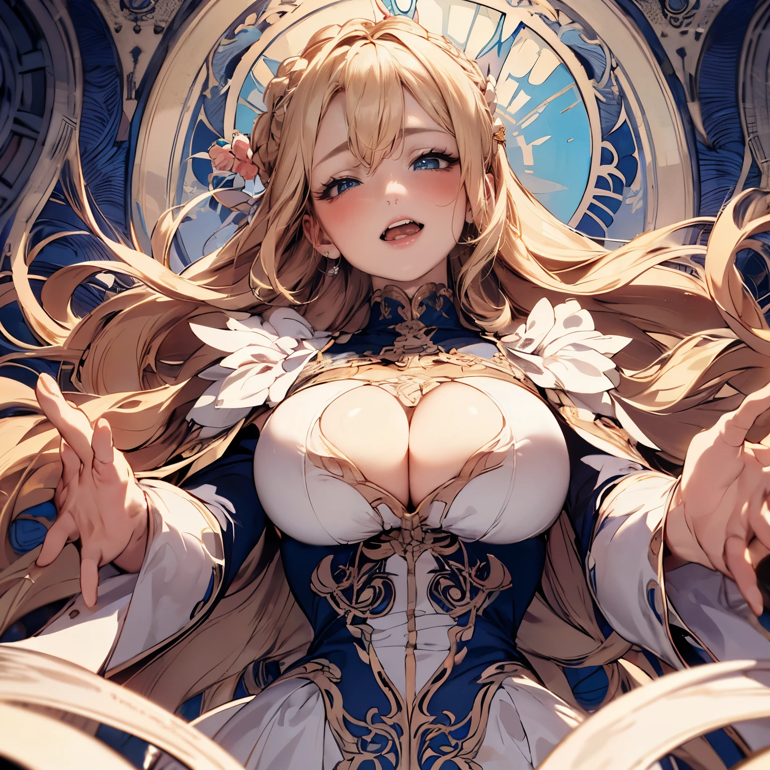 (high definition symmetrical image), angle from below, (mechanical, complex), ((Art Nouveau, round face, smiling, touching breasts, ecstasy)), drooping eyes, blush, blond, braid, 