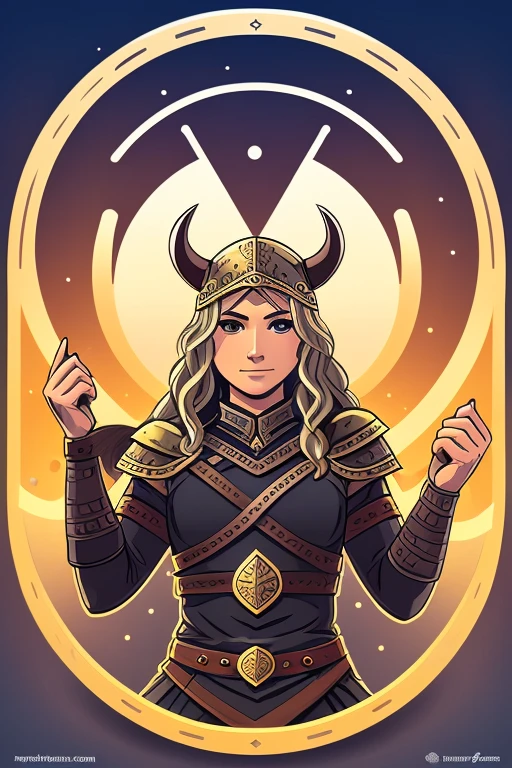 create a logo of a female character that is a viking, looks straight forward, strong, northern mythologi style. Create the character to be inside a circle shape like a coin with rune inscriptions.