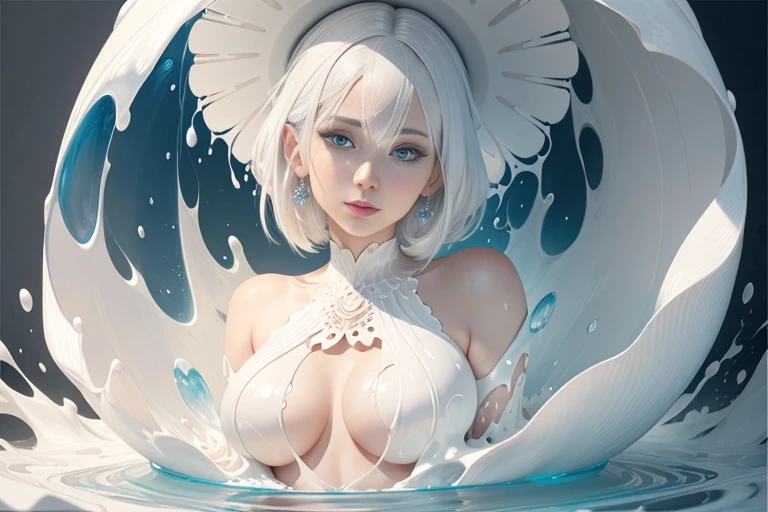 white haired woman sitting inside a shell, Perfect proportions, (proportional face, detailed eyes, eye correction), liquid paint, ((More liquid paint splashes)), (Abstract art:1.2), (Delicate images), (Photorealistic: 1.4), (Highly detailed), (high resolution), (Best quality), (masterpiece)