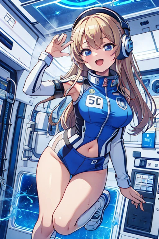 top-quality,Top image quality,in 8K,4K,masterpiece,ultra-detailliert,Beautiful,ultra-quality, best quality,high resolution, ultra-detailed,game cg,dutch angle,(acrobatic pose):5,jumping:5,(inside spacestation,)beautiful detailed eyes,five fingers,headphone,nsfw,a beauty girl,(astrovest):5,(track uniforms),wet,(steam:1.5),Running form,open open mouth,(blonde hair),(long hair):2,Navel,space_station_interior, exercise_room, futuristic, high_technology, zero_gravity_exercise_equipment, high_resolution_landscape, sleek_design, minimalistic, 8K_resolution, game_cg_style, Dutch_angle, detailed_character, track_uniform, perfect_running_form, intense_expression, detailed_eyes, determination, steam:1.5, beauty, strength, five_fingers, visible_navel, open_mouth, ultra_quality, high_resolution, ultra_detailed,astrovest