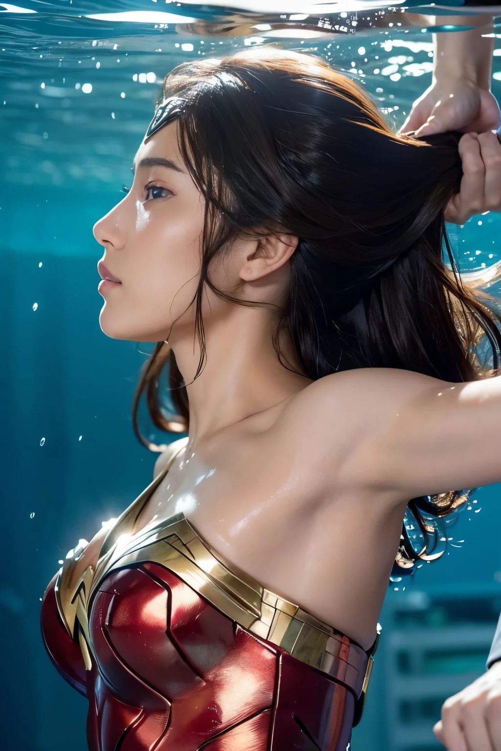 perfect wonder woman costume,turn away,back view,Being submerged in a pool,Drowning in the pool,Face submerged in water,dive underwater,Submerge your face in water,inside the pool,Inside the fountain,Soaked in water,Soaking wet wonder woman,sleeping face,Close ~ eyes,open your mouth,tired face,face of suffering,sleeping face,soaking wet hair,Soaked Hair,wet body,fight the men,surrounded by men,,caught between men,being tackled by men,Intertwining with men, Attacked by men,assaulted by men,Being bullied by guys,being sexually abused by a man,Captured by a man,Being detained by a man、touch your face,、Hair is pulled hard,My head is grabbed,Grab my head,brown hair, masterpiece、beautiful girl、fine 目、puffy eyes、highest quality, 超High resolution, (reality: 1.4), movie lighting,super beautiful、beautiful skin、(超reality的な)、(High resolution)、(8K)、(very detailed)、(beautiful and fine 目)、(Super detailed)、 detailed face、slanted bangeshi hair、brown hair、20-year-old、Wonder Woman Cosplay