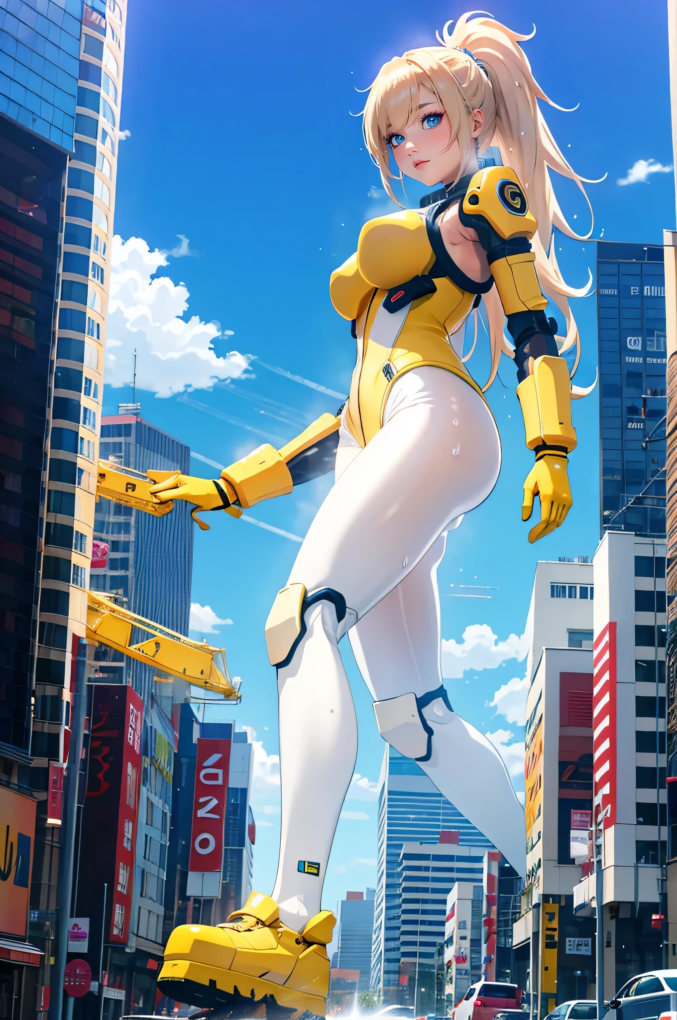 (digital anime female girl:1.0), (college age:1.0), (seductive anime girl),
slim body, dressed in yellow jumps on a city street with cars driving by, yellow and white space suit, mecha girl, (sweaty skin:1.4), (cargo pants:0.0), futuristic science city, Work safety, (from below:1.0), full body shot,