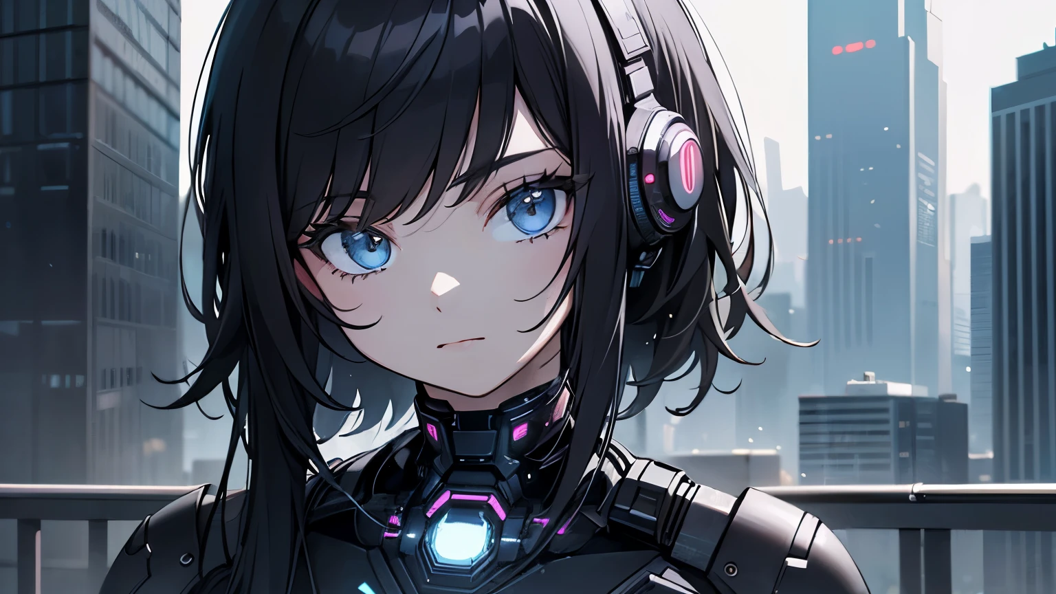 ((best quality)), ((masterpiece)), (detailed), perfect face,black and white,lineart,1girl,black hair,cyber punk,daytime,Big city,standing,