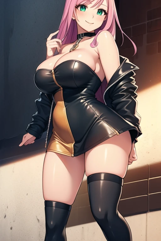 1 girl, 19 years old, Long pink hair, green eyes with slit pupils, master-piece, best quality, (standing up), (black leather jacket, denim dress), (tight strapless denim dress, leather high heel boots, cleavage), (Big , ultra gigantic , Super super big, Glamorous body), Make eye contact with the camera, front figure, looking forward, (light_Smile:1.5), (Detailed hands and fingers:1.2), (FULL BODYSHOT), thighs thighs thighs thighs、beauty legs、