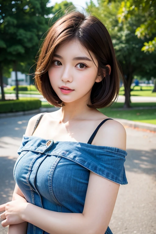 ((highest quality)), ((masterpiece)), (be familiar with), Perfect face, very big bust size, soft bust, beautiful girl, short hair, perfect face and figure, deserted park, casual clothes, pictorial, young face