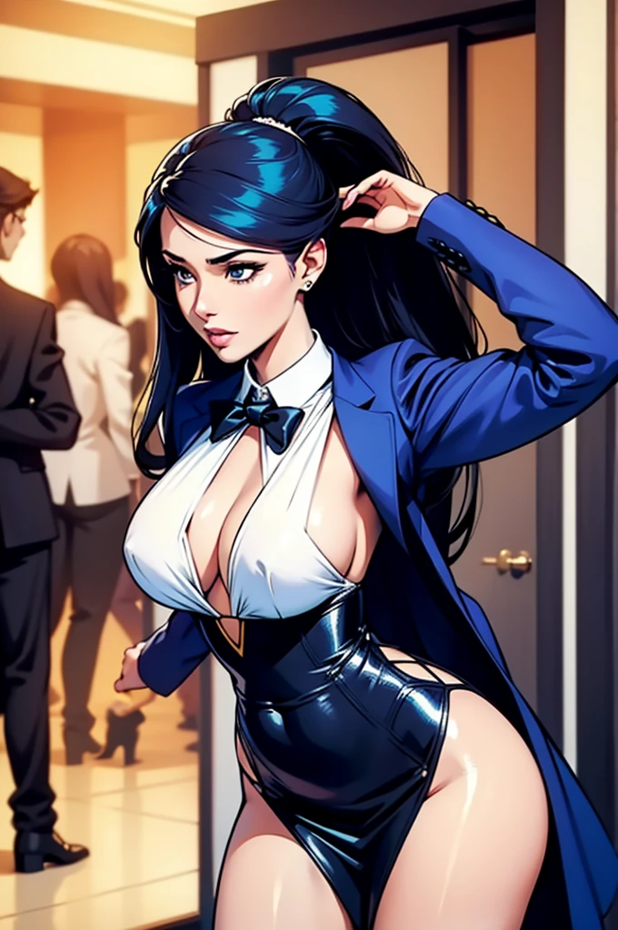 Create an illustration of a stylish and confident young woman standing next to her billionaire CEO boyfriend. The woman should exude elegance and sophistication, with a confident stance and a fashionable outfit that highlights her beauty. She should be slightly in front of her boyfriend, with the focus primarily on her. The CEO boyfriend should be depicted as successful and powerful, but slightly in the background, emphasizing the woman as the central focus of the image. Use vibrant colors and dynamic poses to convey a sense of energy and allure.