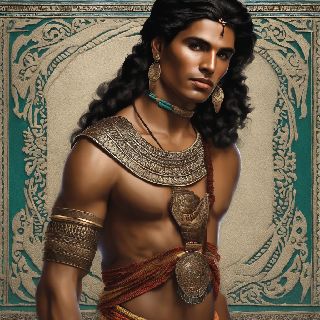 Colombia, year 300 AD, vintage metal embossing in the male native south american style of the time, handsome Cacique Maitamá, 33-year-old man. long, straight black hair down her back. Full-length-type image
