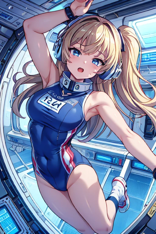 top-quality,Top image quality,in 8K,4K,​masterpiece,ultra-detailliert,Beautiful,ultra-quality, best quality,high resolution, ultra-detailed,game cg,dutch angle,(acrobatic pose):5,jumping:5,(inside spacestation,)beautiful detailed eyes,five fingers,headphone,nsfw,a beauty girl,(astrovest):5,(track uniforms),wet,(steam:1.5),Running form,open open mouth,(blonde hair),(long hair):2,Navel,space_station_interior, exercise_room, futuristic, high_technology, zero_gravity_exercise_equipment, high_resolution_landscape, sleek_design, minimalistic, 8K_resolution, game_cg_style, Dutch_angle, detailed_character, track_uniform, perfect_running_form, intense_expression, detailed_eyes, determination, steam:1.5, beauty, strength, five_fingers, visible_navel, open_mouth, ultra_quality, high_resolution, ultra_detailed,astrovest