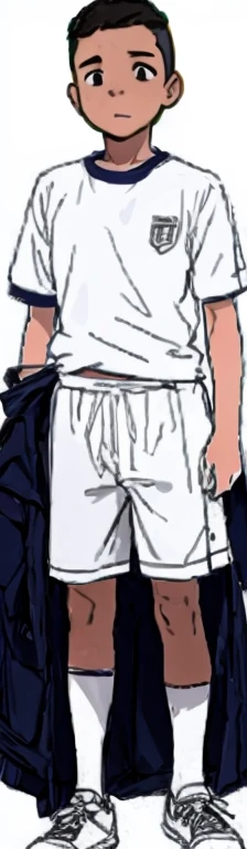 A shaved-headed, ugly fifth-grade boy is standing in white gym clothes.。