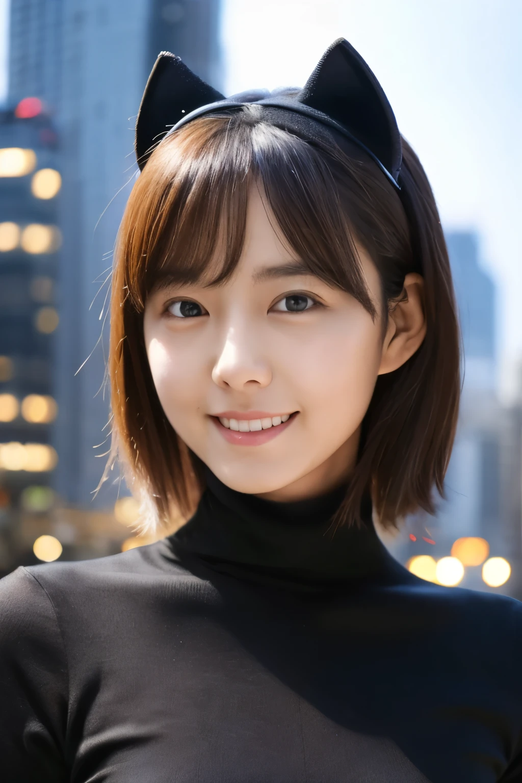 (8k, RAW photo, best quality, masterpiece:1.2), (realistic, photo-realistic:1.37), Skinny Japanese, 1girl, Cute face, (detailed face), (detailed eyes), small breasts, ((very thin waist)), looking at viewer, cityscape, professional lighting, photon mapping, radiosity, physically-based rendering, night, tight turtle neck black sweater, black leather Leggings, ((cat ears)), slight smile