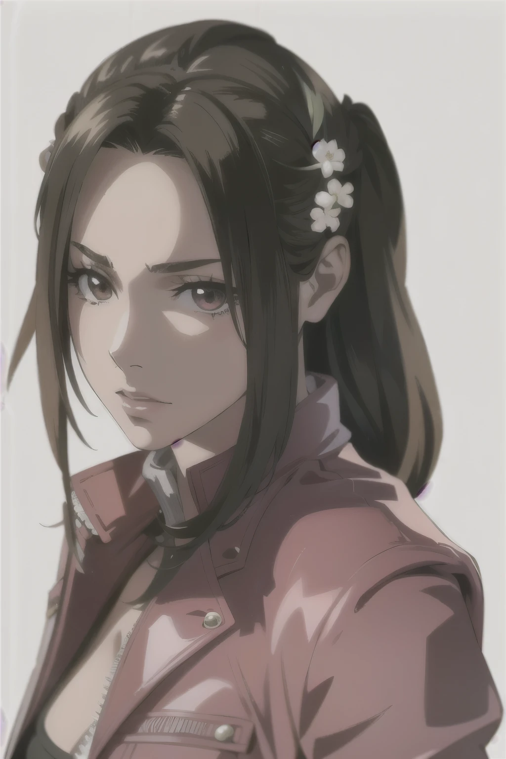 uma mulher com uma jaqueta de couro com rabo de cavalo e uma jaqueta de couro, Aerith Gainsborough, beautiful Aerith Gainsborough, protagonista feminina 👀 :8, como um personagem em Tekken, retrato glamoroso de aerith, 8k portrait rendering, April rendering, retrato de alta qualidade, retrato de tifa lockhart, retrato de tifa lockhart, estilo de arte realista, Sakimi-chan