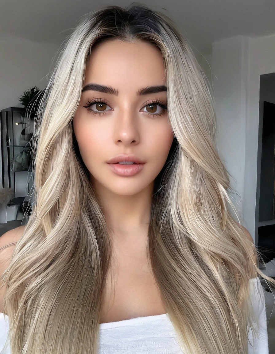 woman, 25 years old, ultra definition, (fotorrealista: 1.4), 8K, calidad premier, fondos detallados, cara delicada, maquillaje natural, foto cruda, iPhone, HDR, white skin, long hair, straight hair, Skinny body, black hair, ropa sexy, cuerpo completo, usemos esta mismo modelo, senos grandes, small stature, cabello ondulado, blonde