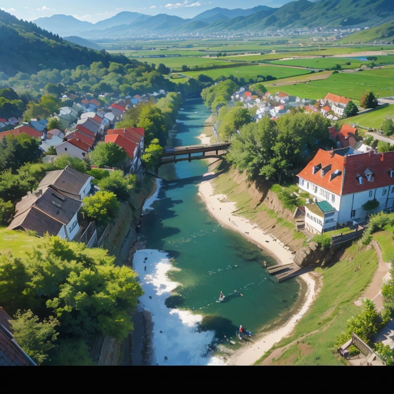 The view from above,looking down,street view,windmill,houses,mountains,waters,forest