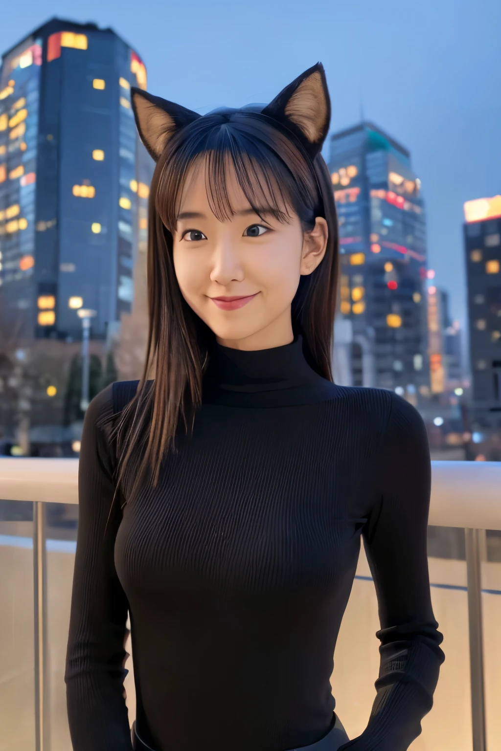 (8k, RAW photo, best quality, masterpiece:1.2), (realistic, photo-realistic:1.37), Skinny Japanese, 1girl, Cute face, (detailed face), (detailed eyes), small breasts, ((very thin waist)), looking at viewer, cityscape, professional lighting, photon mapping, radiosity, physically-based rendering, night, tight turtle neck black sweater, black leather Leggings, ((cat ears)), slight smile