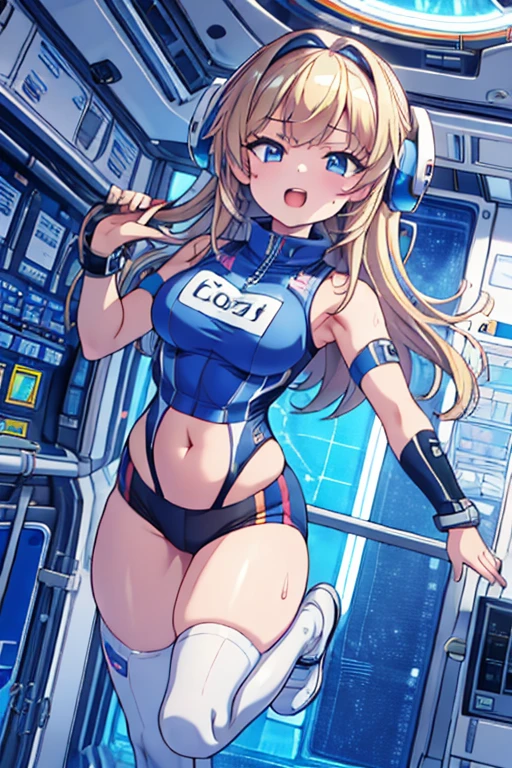 top-quality,Top image quality,in 8K,4K,​masterpiece,ultra-detailliert,Beautiful,ultra-quality, best quality,high resolution, ultra-detailed,game cg,dutch angle,(acrobatic pose):5,jumping:5,(inside spacestation,)beautiful detailed eyes,five fingers,headphone,nsfw,a beauty girl,(astrovest):5,(track uniforms),wet,(steam:1.5),Running form,open open mouth,(blonde hair),(long hair):2,Navel,space_station_interior, exercise_room, futuristic, high_technology, zero_gravity_exercise_equipment, high_resolution_landscape, sleek_design, minimalistic, 8K_resolution, game_cg_style, Dutch_angle, detailed_character, track_uniform, perfect_running_form, intense_expression, detailed_eyes, determination, steam:1.5, beauty, strength, five_fingers, visible_navel, open_mouth, ultra_quality, high_resolution, ultra_detailed,astrovest