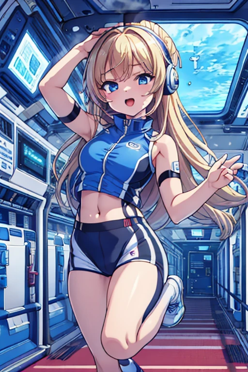 top-quality,Top image quality,in 8K,4K,masterpiece,ultra-detailliert,Beautiful,ultra-quality, best quality,high resolution, ultra-detailed,game cg,dutch angle,(acrobatic pose):5,jumping:5,(inside spacestation,)beautiful detailed eyes,five fingers,headphone,nsfw,a beauty girl,(astrovest):5,(track uniforms),wet,(steam:1.5),Running form,open open mouth,(blonde hair),(long hair):2,Navel,space_station_interior, exercise_room, futuristic, high_technology, zero_gravity_exercise_equipment, high_resolution_landscape, sleek_design, minimalistic, 8K_resolution, game_cg_style, Dutch_angle, detailed_character, track_uniform, perfect_running_form, intense_expression, detailed_eyes, determination, steam:1.5, beauty, strength, five_fingers, visible_navel, open_mouth, ultra_quality, high_resolution, ultra_detailed,astrovest