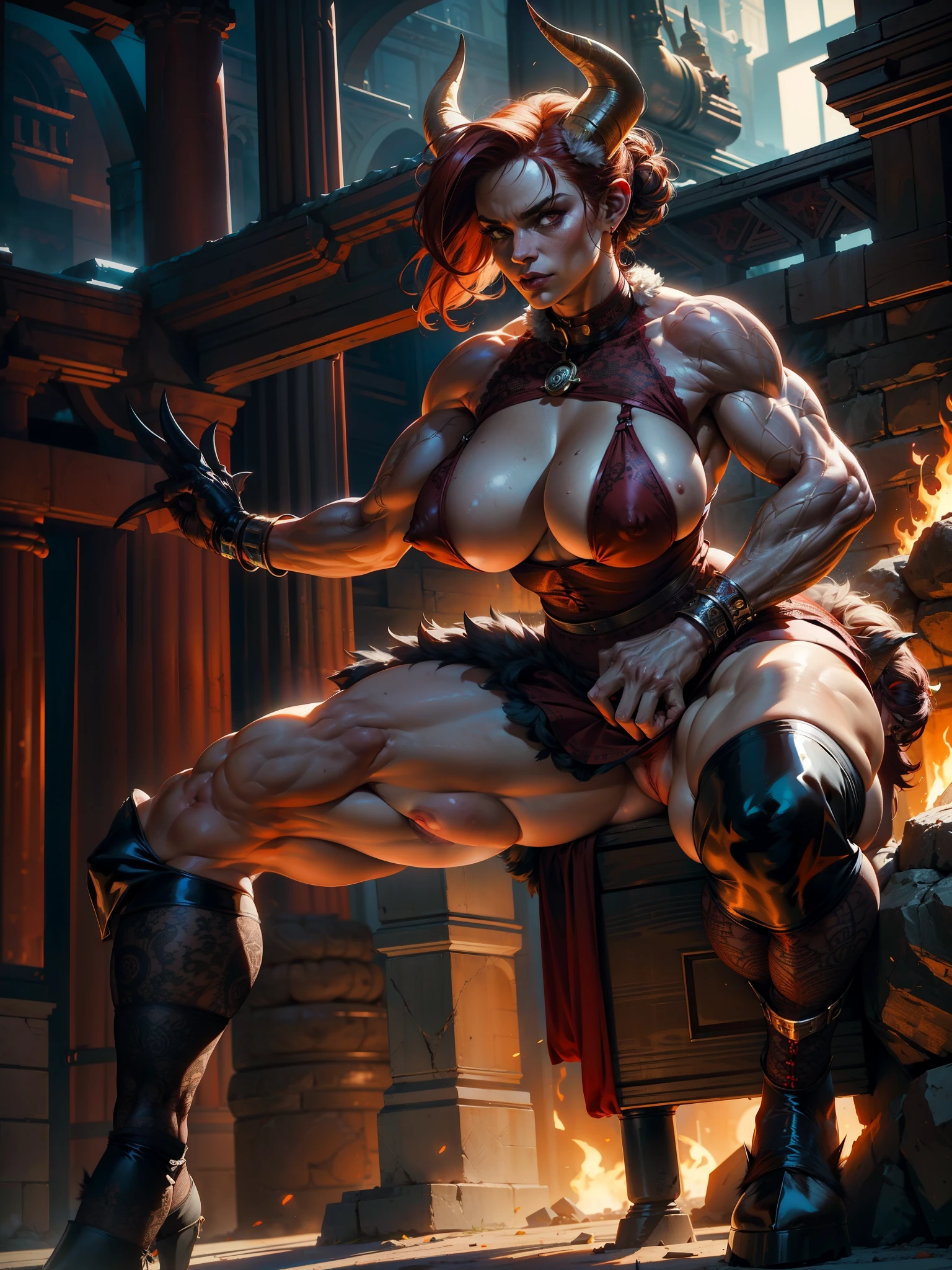 demon girl, big red ram horns, (Ideal Anatomy), (athletic body), (Muscles), (big naked breasts, erect nipples), (hooves), (legs covered with fur), (wide hips), (perfect hands), (lace mini skirt), pubic hair, pointed bracelets, I look at the viewer, (Medium full-frame photography), (Battle Arena), (fire hair)