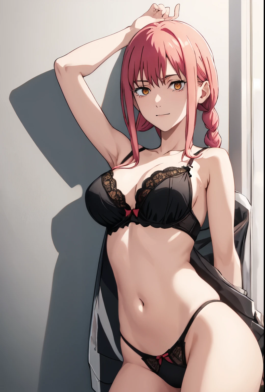 (safe:1.10), best quality, masterpiece, highres, solo, (makima_chainsawman:1.10) , black lingerie thong pantie garterbelt , malicious face excitada , looking at viewer, anime_style, 29 