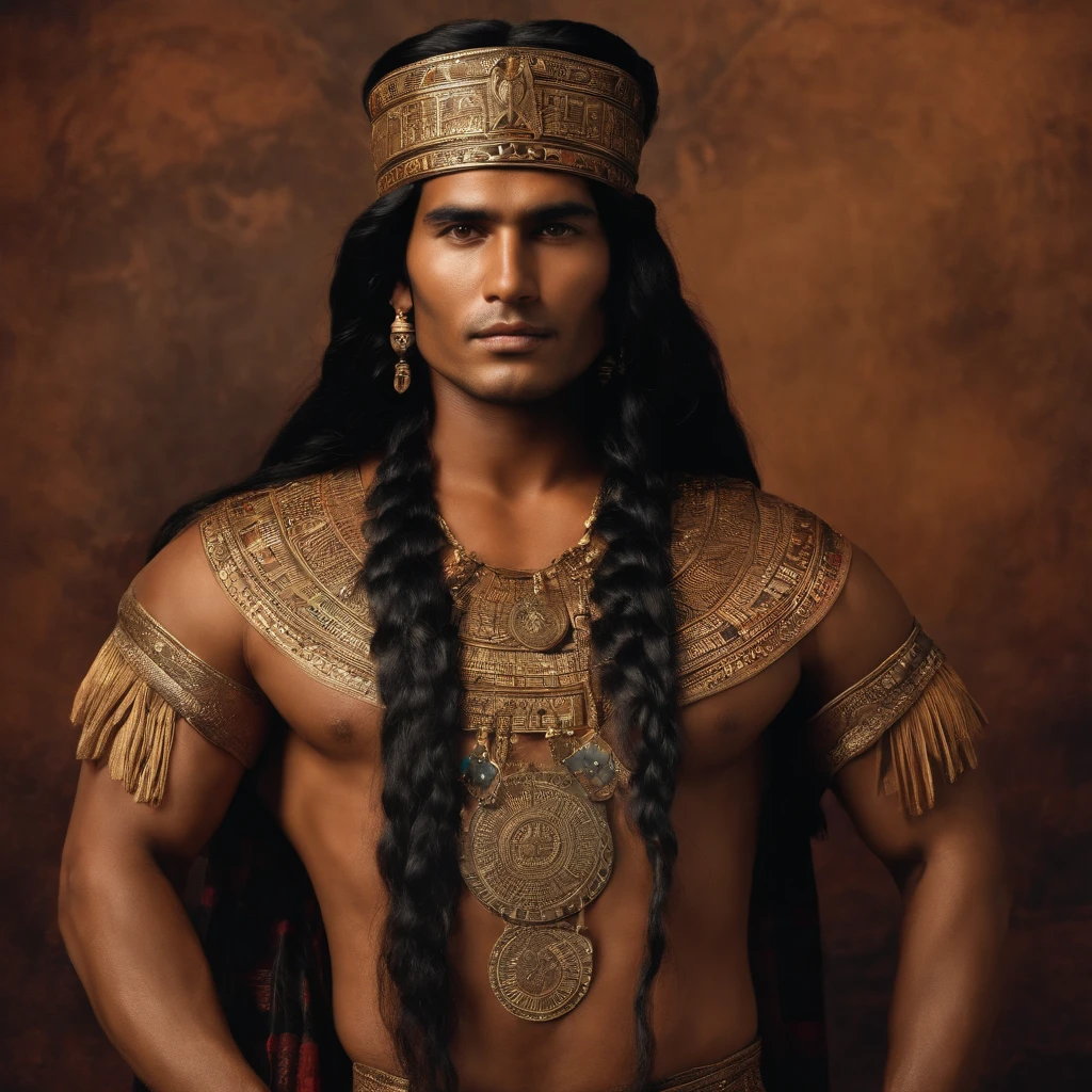 Colombia, year 300 AD, vintage metal embossing in the male native south american style of the time, handsome Cacique Maitamá, 33-year-old man. long, straight black hair down her back. Full-length-type image