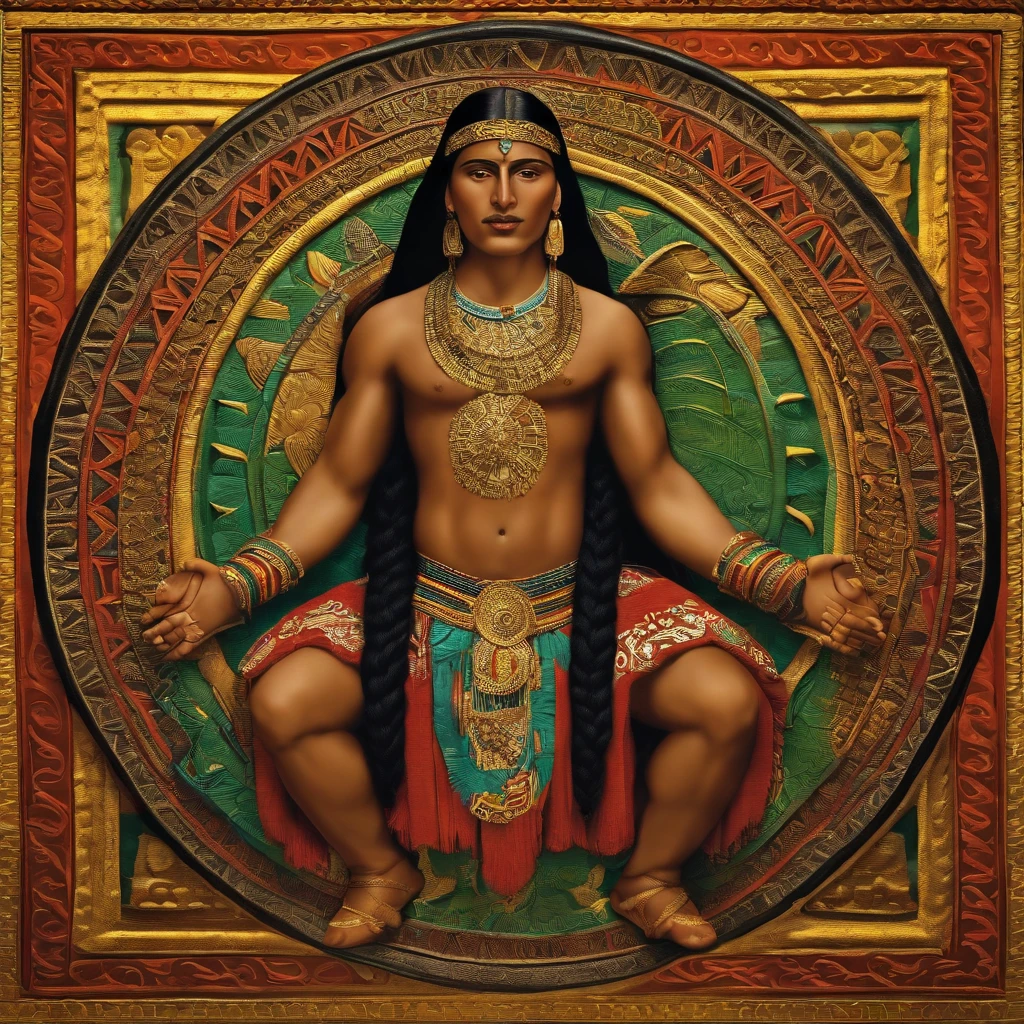 Colombia, year 300 AD, vintage metal embossing in the male native south american style of the time, handsome Cacique Maitamá, 33-year-old man. long, straight black hair down her back. Full-length-type image