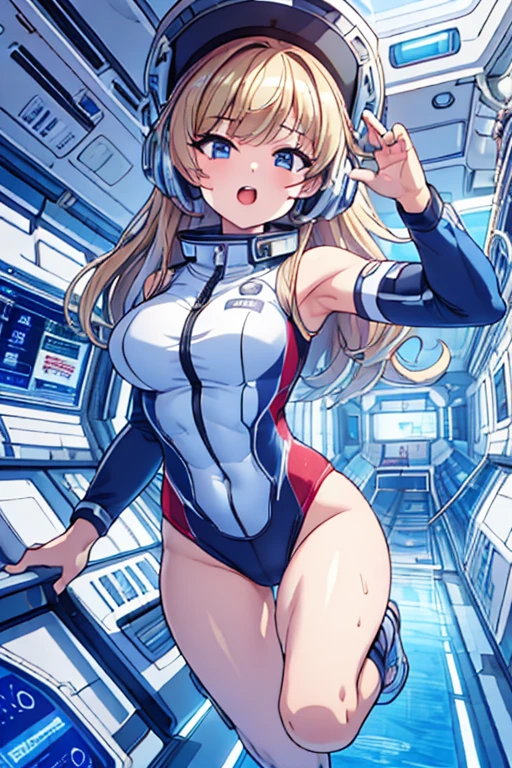 top-quality,Top image quality,in 8K,4K,masterpiece,ultra-detailliert,Beautiful,ultra-quality, best quality,high resolution, ultra-detailed,game cg,dutch angle,(acrobatic pose):5,jumping:5,(inside spacestation,)beautiful detailed eyes,five fingers,headphone,nsfw,a beauty girl,(astrovest):5,(track uniforms),wet,(steam:1.5),Running form,open open mouth,(blonde hair),(long hair):2,Navel,space_station_interior, exercise_room, futuristic, high_technology, zero_gravity_exercise_equipment, high_resolution_landscape, sleek_design, minimalistic, 8K_resolution, game_cg_style, Dutch_angle, detailed_character, track_uniform, perfect_running_form, intense_expression, detailed_eyes, determination, steam:1.5, beauty, strength, five_fingers, visible_navel, open_mouth, ultra_quality, high_resolution, ultra_detailed,astrovest