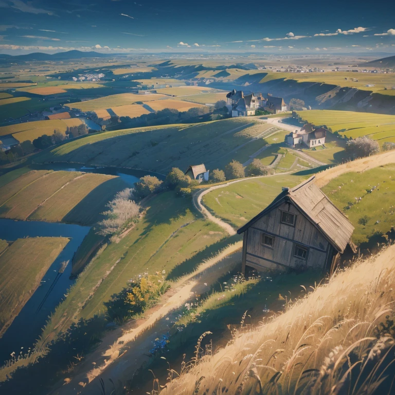 best-quality masterpiece highres detailed Silver-theme delicate-and-ethereal detailed-background landscape，The view from above，windmill，houses，waters，wheat field，