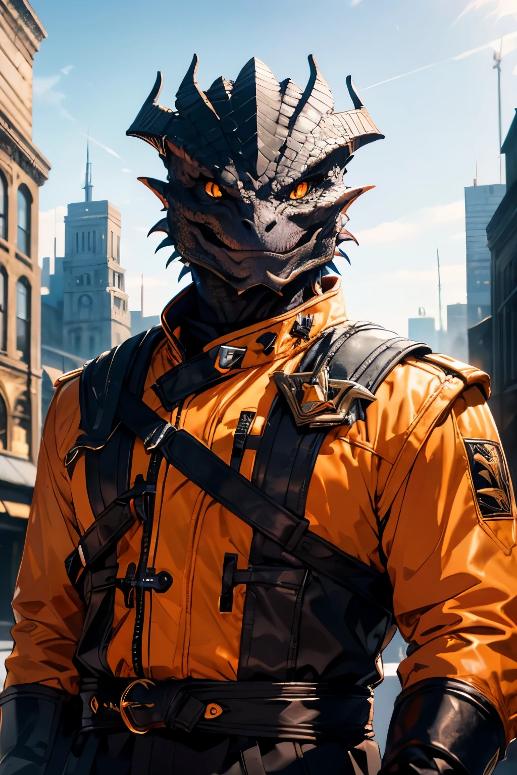 Masterpiece, Best Quality, Ultra-Detailed, dragonborn, 1man, solo, black dragonborn, orange eyes, brilliant eyes, orange jacket, long sleeves jacket, looking side, smiling, small, urban background, city background, daylight