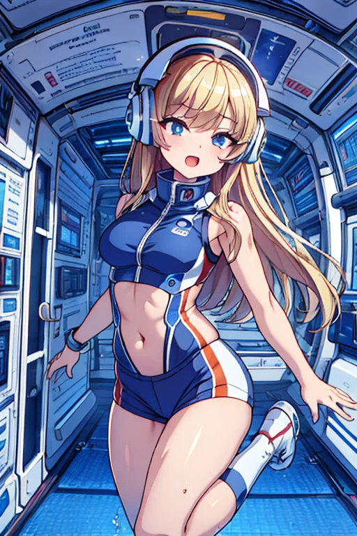 top-quality,Top image quality,in 8K,4K,​masterpiece,ultra-detailliert,Beautiful,ultra-quality, best quality,high resolution, ultra-detailed,game cg,dutch angle,(acrobatic pose):5,jumping:5,(inside spacestation,)beautiful detailed eyes,five fingers,headphone,nsfw,a beauty girl,(astrovest):5,(track uniforms),wet,(steam:1.5),Running form,open open mouth,(blonde hair),(long hair):2,Navel,space_station_interior, exercise_room, futuristic, high_technology, zero_gravity_exercise_equipment, high_resolution_landscape, sleek_design, minimalistic, 8K_resolution, game_cg_style, Dutch_angle, detailed_character, track_uniform, perfect_running_form, intense_expression, detailed_eyes, determination, steam:1.5, beauty, strength, five_fingers, visible_navel, open_mouth, ultra_quality, high_resolution, ultra_detailed,astrovest