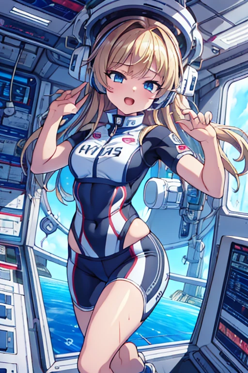 top-quality,Top image quality,in 8K,4K,​masterpiece,ultra-detailliert,Beautiful,ultra-quality, best quality,high resolution, ultra-detailed,game cg,dutch angle,(acrobatic pose):5,jumping:5,(inside spacestation,)beautiful detailed eyes,five fingers,headphone,nsfw,a beauty girl,(astrovest):5,(track uniforms),wet,(steam:1.5),Running form,open open mouth,(blonde hair),(long hair):2,Navel,space_station_interior, exercise_room, futuristic, high_technology, zero_gravity_exercise_equipment, high_resolution_landscape, sleek_design, minimalistic, 8K_resolution, game_cg_style, Dutch_angle, detailed_character, track_uniform, perfect_running_form, intense_expression, detailed_eyes, determination, steam:1.5, beauty, strength, five_fingers, visible_navel, open_mouth, ultra_quality, high_resolution, ultra_detailed,astrovest