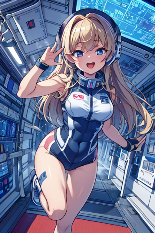 top-quality,Top image quality,in 8K,4K,masterpiece,ultra-detailliert,Beautiful,ultra-quality, best quality,high resolution, ultra-detailed,game cg,dutch angle,(acrobatic pose):5,jumping:5,(inside spacestation,)beautiful detailed eyes,five fingers,headphone,nsfw,a beauty girl,(astrovest):5,(track uniforms),wet,(steam:1.5),Running form,open open mouth,(blonde hair),(long hair):2,Navel,space_station_interior, exercise_room, futuristic, high_technology, zero_gravity_exercise_equipment, high_resolution_landscape, sleek_design, minimalistic, 8K_resolution, game_cg_style, Dutch_angle, detailed_character, track_uniform, perfect_running_form, intense_expression, detailed_eyes, determination, steam:1.5, beauty, strength, five_fingers, visible_navel, open_mouth, ultra_quality, high_resolution, ultra_detailed,astrovest