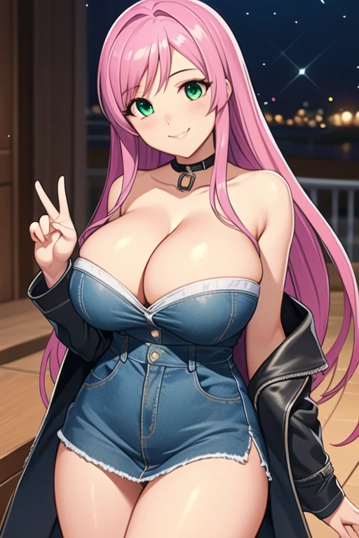1 girl, 19 years old, Long pink hair, green eyes with slit pupils, master-piece, best quality, (standing up), (denim dress), (leather jacket, tight strapless denim dress, cleavage), (Big , ultra gigantic , Super super big, Glamorous body), Make eye contact with the camera, front figure, looking forward, (light_Smile:1.5), (Detailed hands and fingers:1.2), (FULL BODYSHOT), thighs thighs thighs thighs、beauty legs、