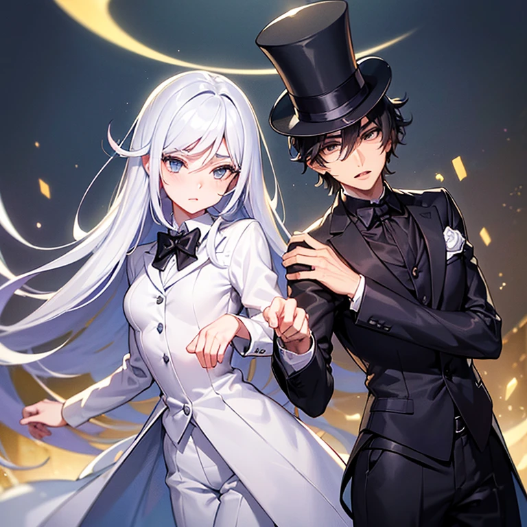 ((Obra de arte, Melhor qualidade)), (Luz complexa) 1 magician wearing a suit and top hat, sozinho, corpo inteiro, cabelo, branco, olho cor roxo, luva, branca, white hair
