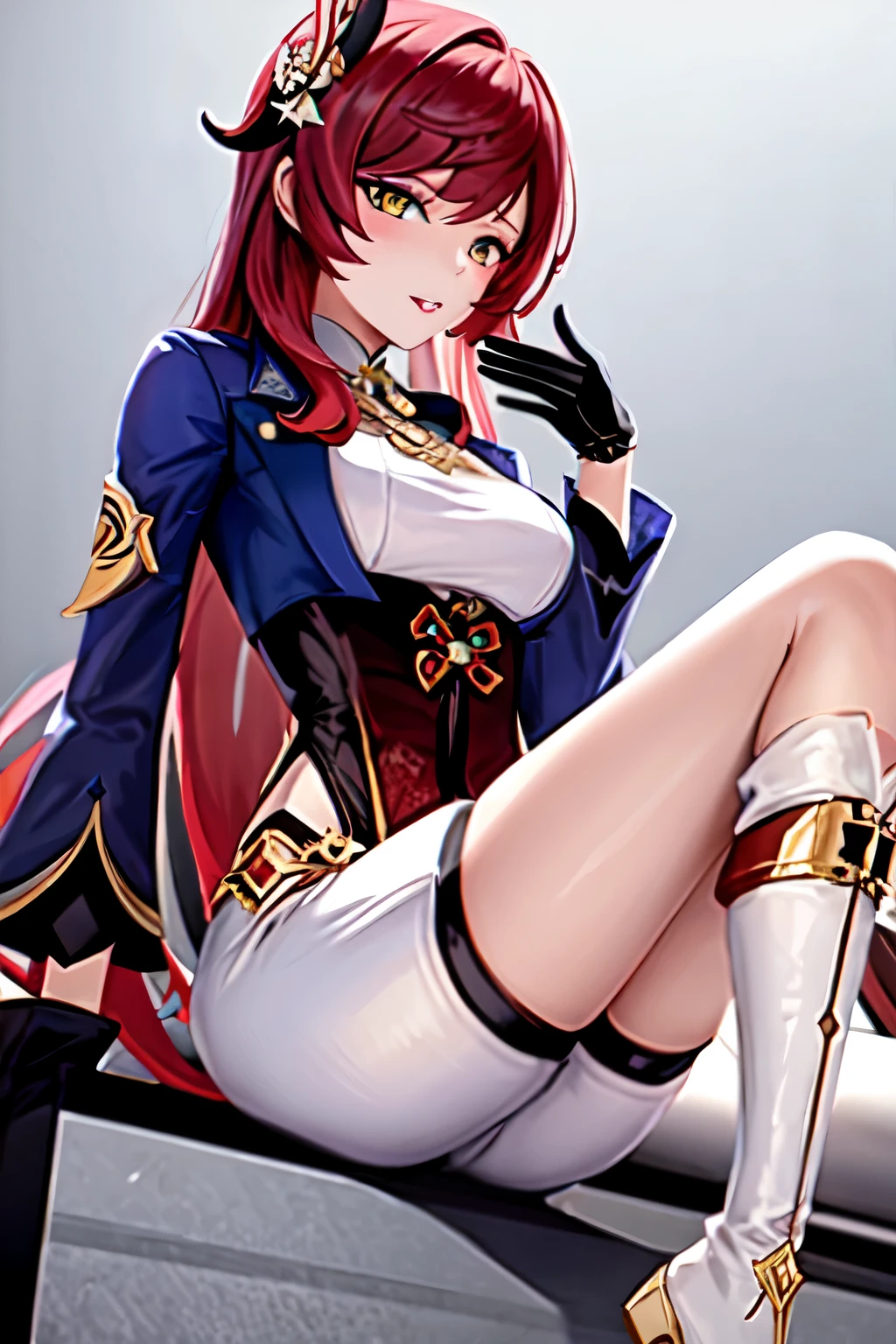 (1 Sexy anime girl),(genshin impact),(Amber),(red hair),(amber eyes),(clothing: Red and white jacket with gold details),(white shorts), (high boots and gloves), (medium breasts).
