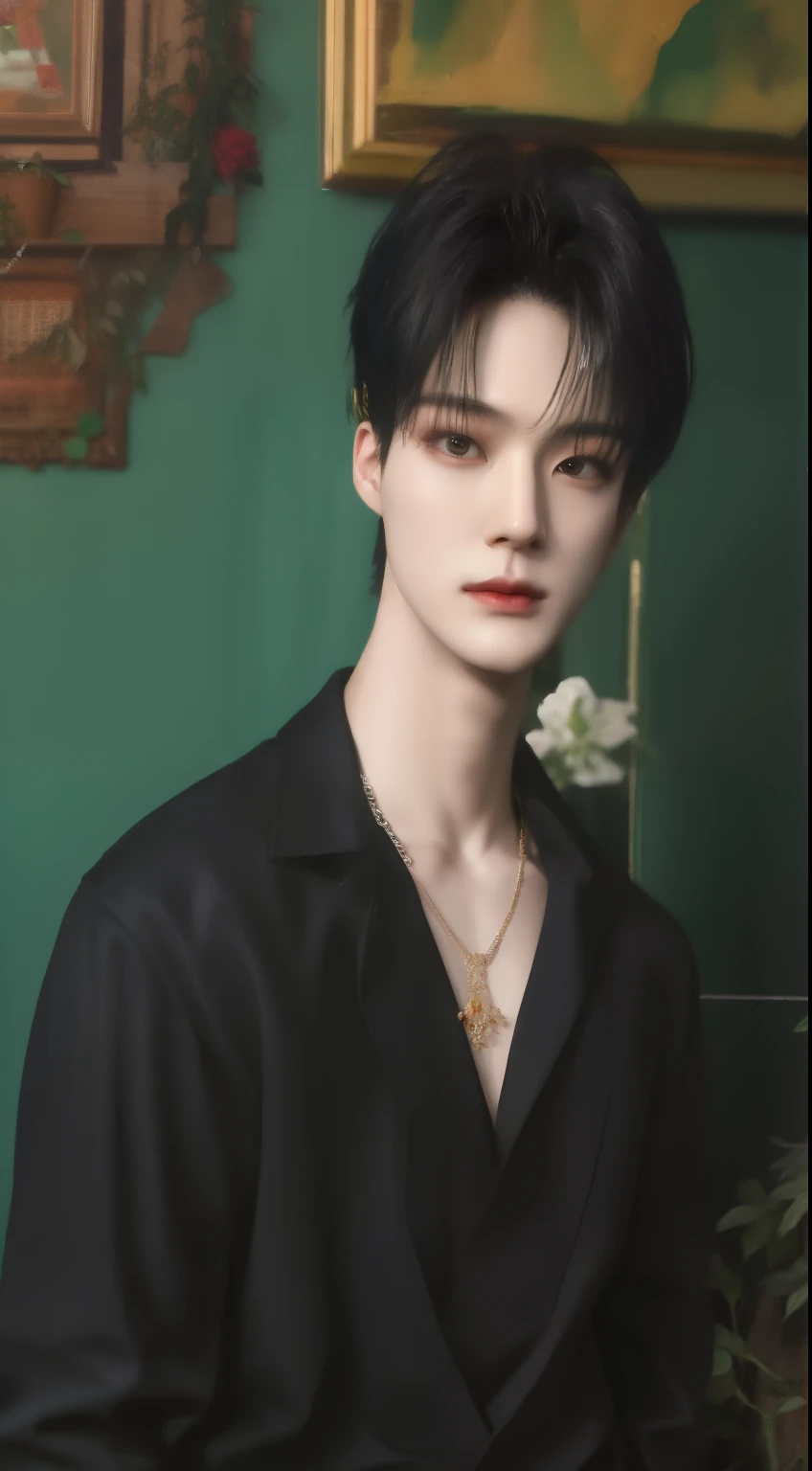 arafed man in black shirt standing in front of a green wall, jung jaehyun, kim doyoung, cai xukun, inspired by Zhang Han, heise jinyao, yanjun chengt, a handsome man，black short hair, hyung tae, wonbin lee, taejune kim, jinyoung shin, beautiful androgynous prince, delicate androgynous prince