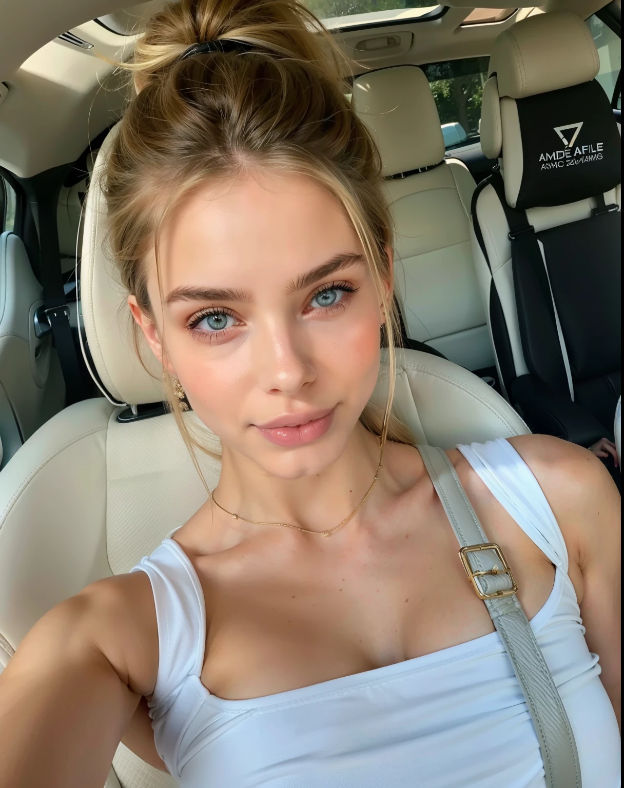 Mujer arafed sentada en un auto con un bolso al hombro., hermosa cara atractiva, Cara extremadamente hermosa, cara perfecta ), cara hermosa y atractiva, Sidney Sweeney, cabello rubio y ojos azules, la mujer mas bella del mundo, muchacha atractiva, hermosa chica modelo, plantilla de instagram, pale, piel brillante, natural soft pale skin, ojos azules y cabello rubio, hermosa modelo femenina