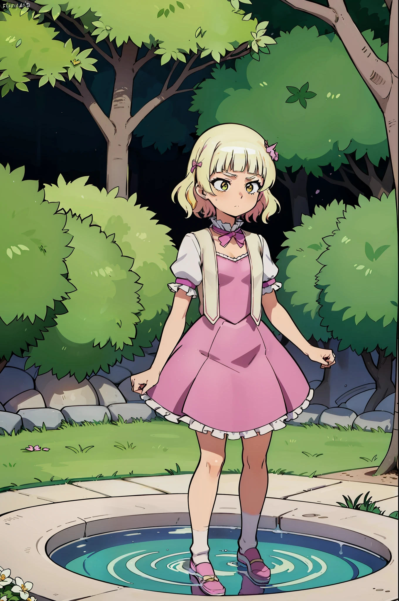 Kyouko is a magical girl with short blonde hair, wearing a magical girl costume with a vibrant color palette and a determined expression on her face.
In an urban park lit by the afternoon sun, Kyouko is standing near a fountain, surrounded by colorful flowers and shady trees. The setting conveys a happy and serene atmosphere, as children play around and the soothing sound of water from the fountain creates a sense of tranquility.